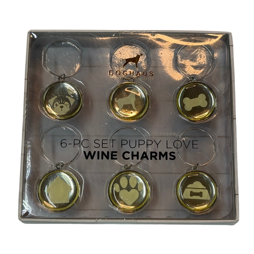 Doghaus Puppy Love Wine Charms Gold Dog Theme Pet Lover 6 Piece Set New In Box